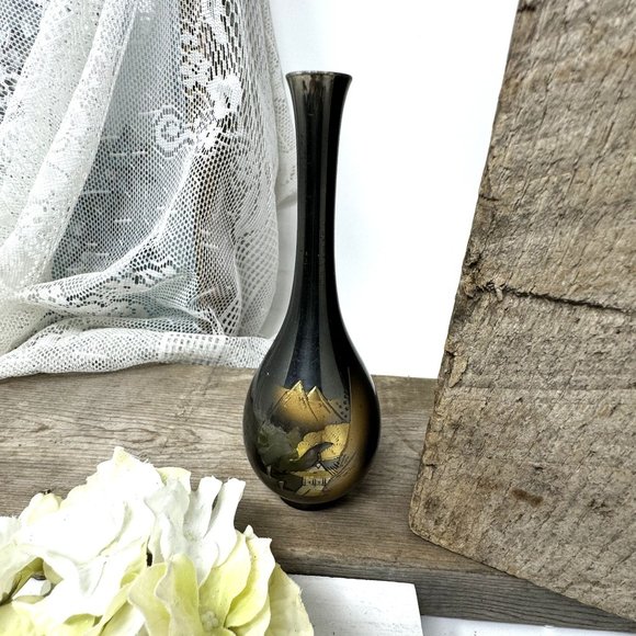 Vintage Metal Bud Vase Etched Mountain Design 6.5" - Picture 3 of 8